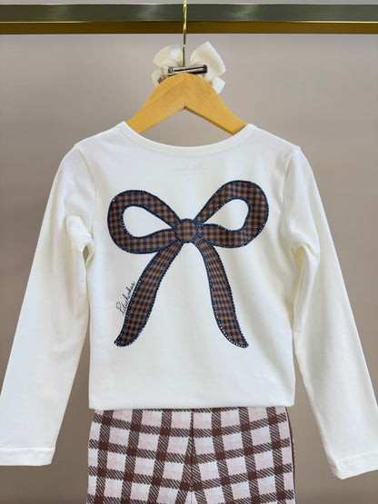 Conjunto Infantil Blusa Off White Estampa Laços E Legging Tricot Xadrez Marrom -  Pituchinhus