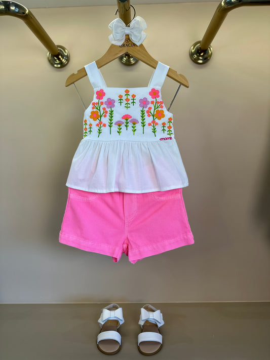 Conjunto Infantil Blusa Bordada e Shorts Rosa - Momi