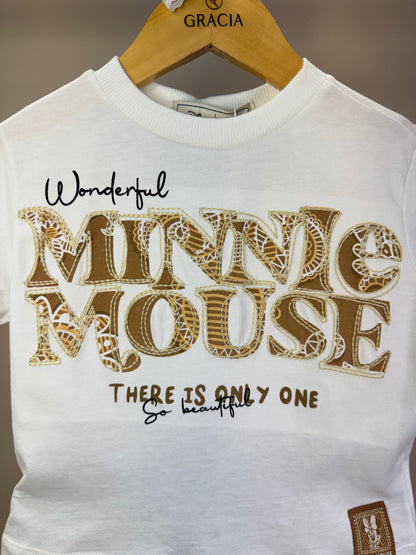 Conjunto Infantil Blusa Minnie Paisley Dourada e Saia Couro Tech Bege - Animê