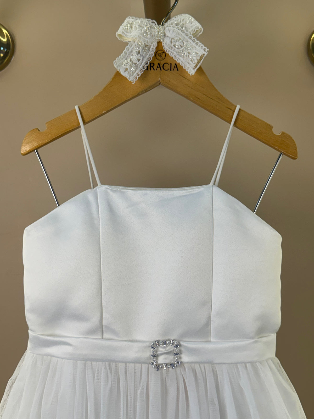 Vestido Infantil Alças Finas Saia Em Tule Off White - Petit Cherie