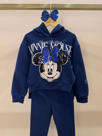 Conjunto Infantil Blusa Moletom Capuz Minnie e Calça Essentials Recortes Marinho - Animê