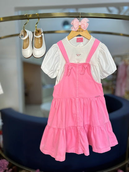 Salopete Infantil Sarja Rosa Fluor - Momi