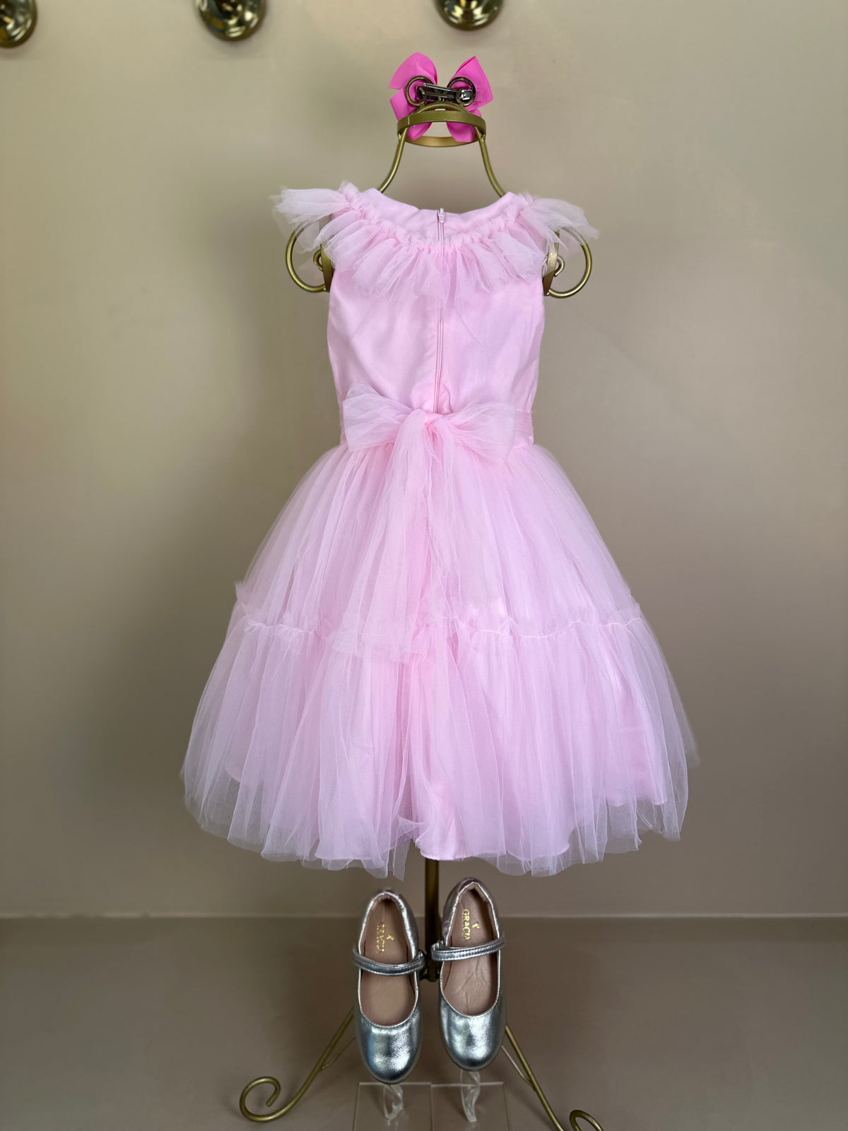 Vestido Infantil Gola Bordada Em Tule Rosa - Petit Cherie