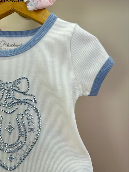 Conjunto Infantil Blusa Rib Good Luck Bordada e Shorts Rosa Estampa Cavalinhos - Pituchinhus