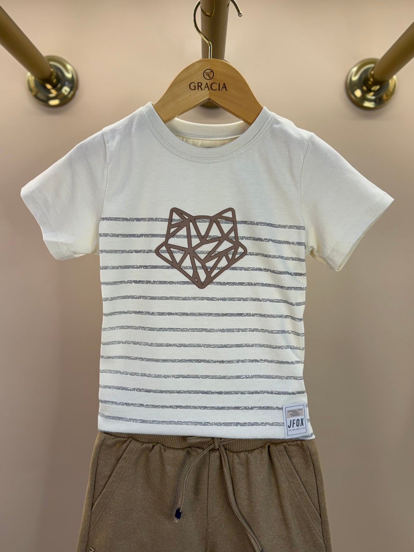Conjunto Infantil Camiseta Algodão Listrada e Bermuda Moletom Bege - Little Johnny