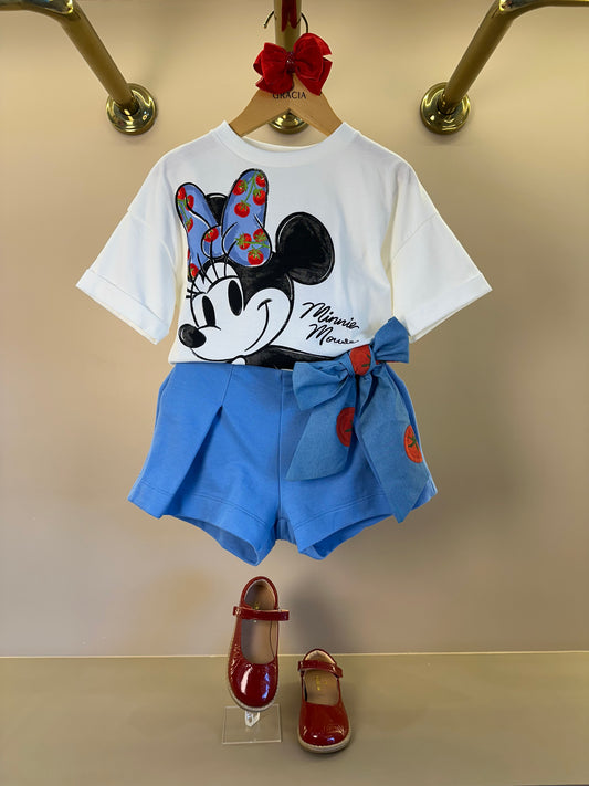 Conjunto Infantil Blusa Minnie Estampa Tomates e Saia Shorts Laço Bordado de Tomate - Animê
