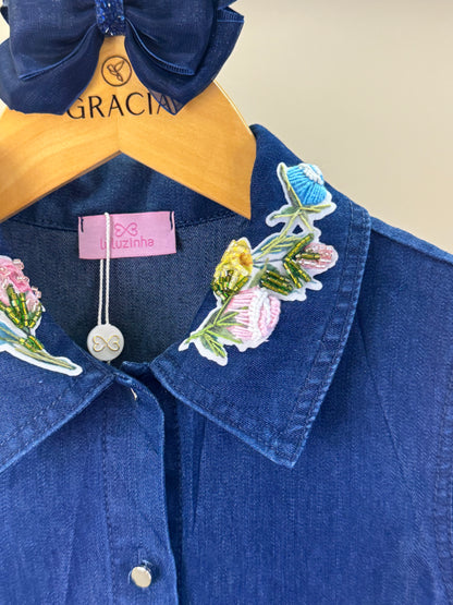 Camisa Infantil Jeans Leve ML Gola Bordada Flores - Luluzinha