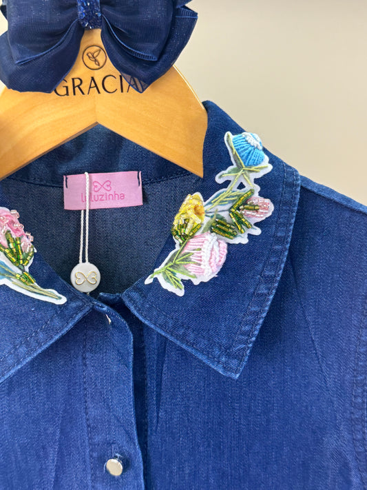 Camisa Infantil Jeans Leve ML Gola Bordada Flores - Luluzinha