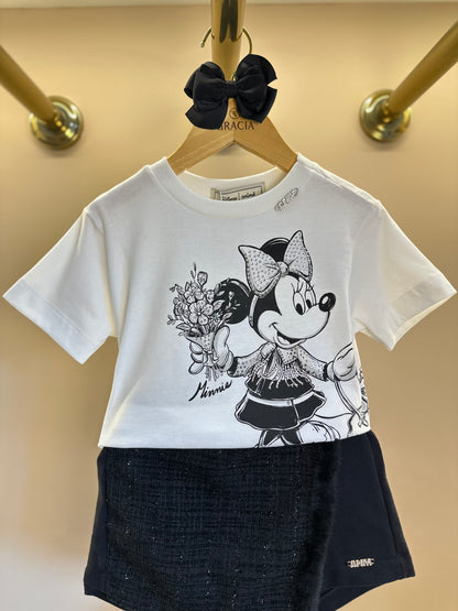 Conjunto Infantil Blusa Minnie Buquê & Mickey Pérola e Shorts Conceito Tweed Preto - Animê
