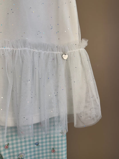 Conjunto Infantil Blusa Mangas Tule e Calça Azul Quadriculada - Petit Cherie