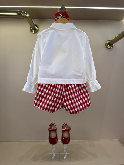 Conjunto Infantil Camisa Conceito Borboleta Off White e Shorts-saia Conceito Tweed Xadrez Vermelho - Animê