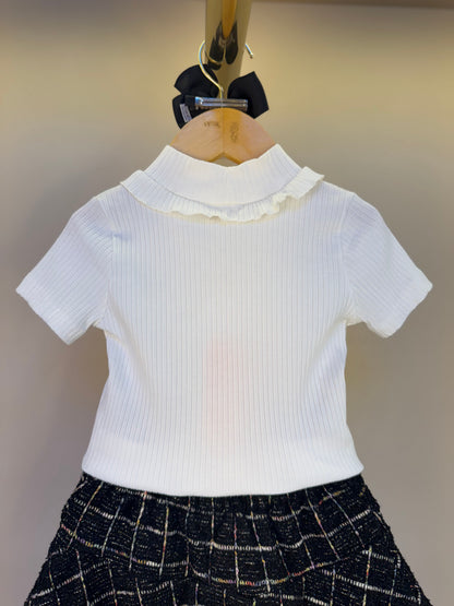 Conjunto Infantil Blusa Gola Babado e Short Tweed Xadrez- Um Mais Um