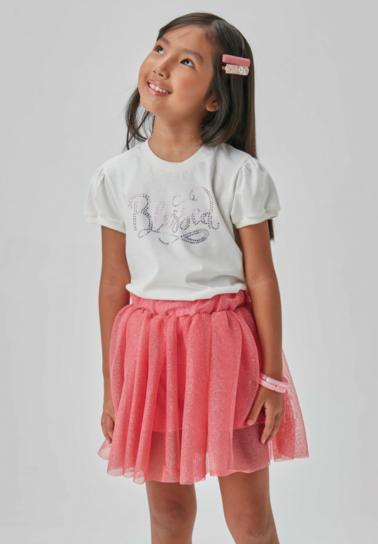 Conjunto Infantil Blusa Algodão e Saia Tule Coral - Beabá PRÉ-VENDA