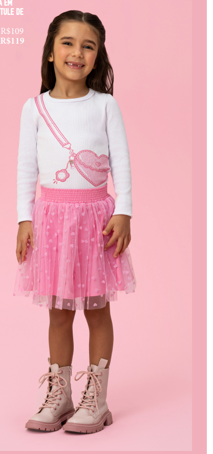 Conjunto Infantil Blusa Bolsa Coração e Saia de Tule Coração - Mon Sucre