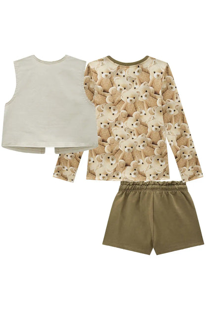 Conjunto Infantil Trio Blusa Ursinhos, Colete Sarja com Elastano e Shorts em Moletom s/ Pelúcia - Infanti