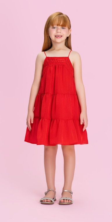 Vestido Infantil Bordado Alça Fina Vermelho - Petit Cherie