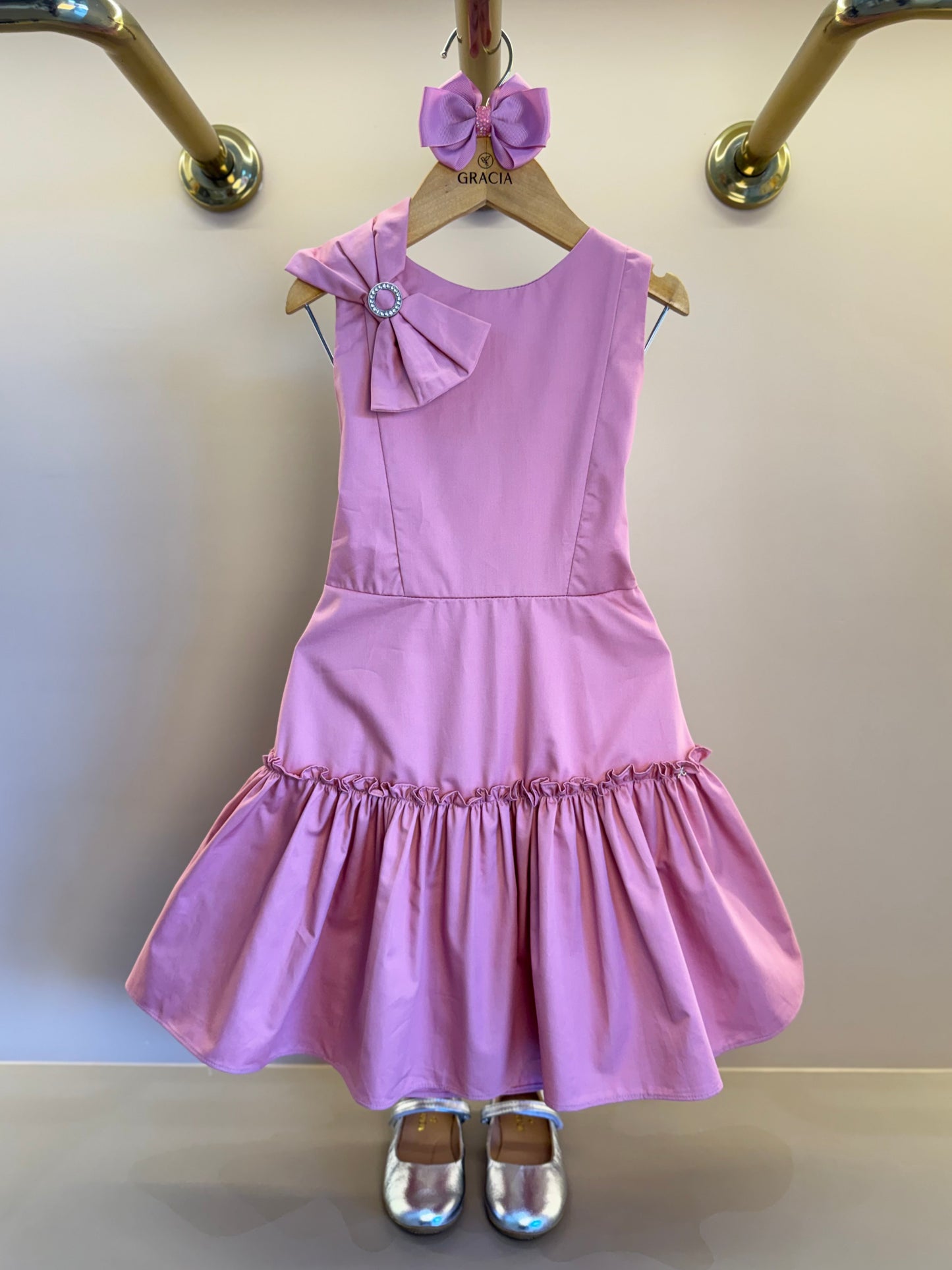 Vestido Infantil Algodão Laço Strass Ombro Rosé - Petit Cherie