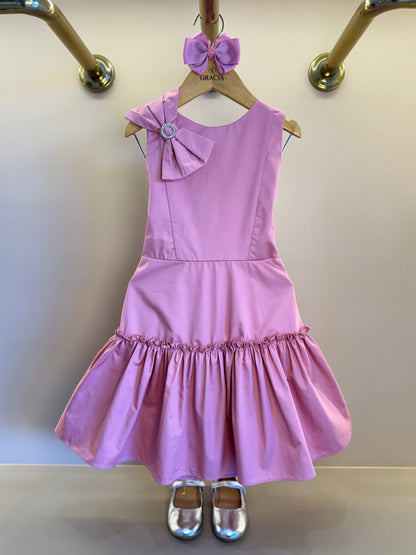 Vestido Infantil Algodão Laço Strass Ombro Rosé - Petit Cherie