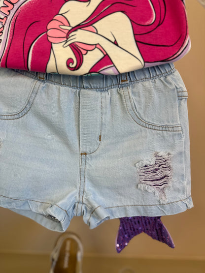 Conjunto Infantil Blusa Ariel Strass e Shorts Jeans Calda Paetês - Momi