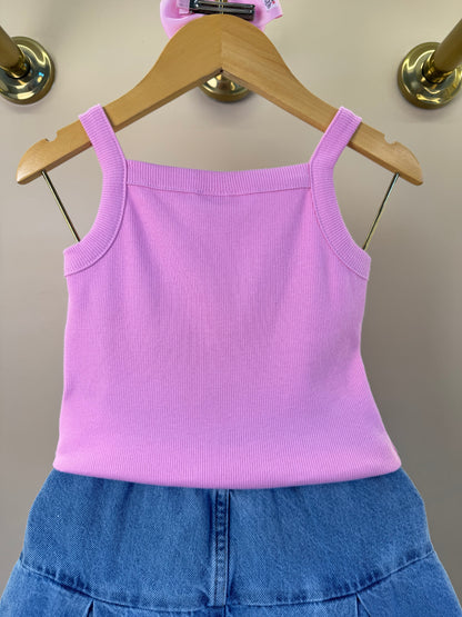 Conjunto Infantil Regata Rosa Com Cerejas e Saia Jeans Pregas Com Pingente - Momi
