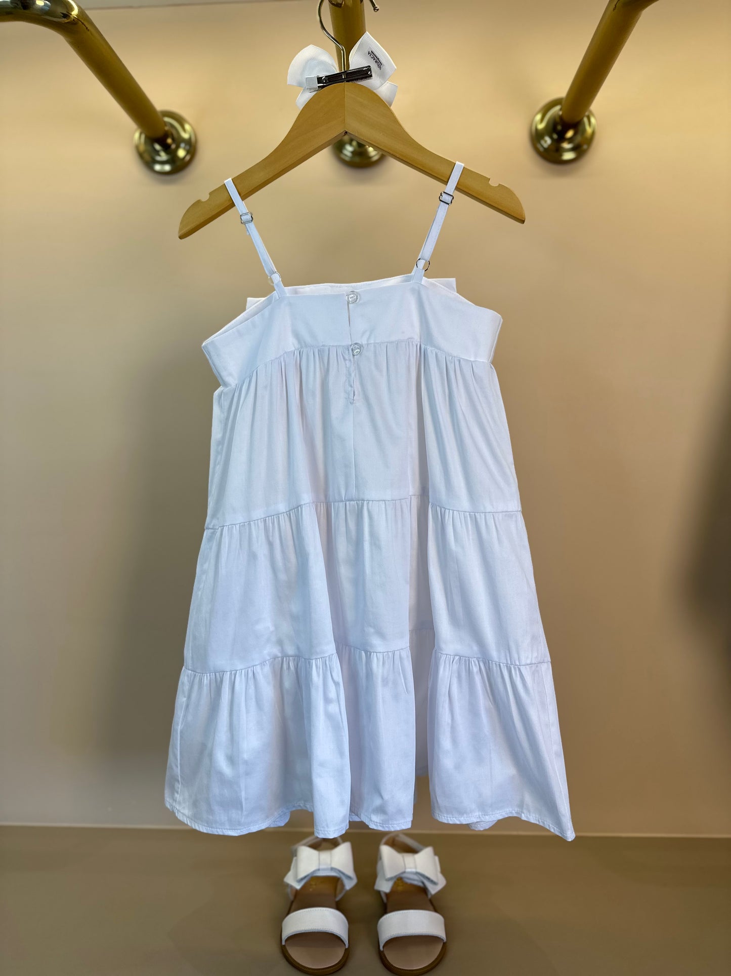 Vestido Infantil Algodão Laço Fivela Strass Branco - Petit Cherie