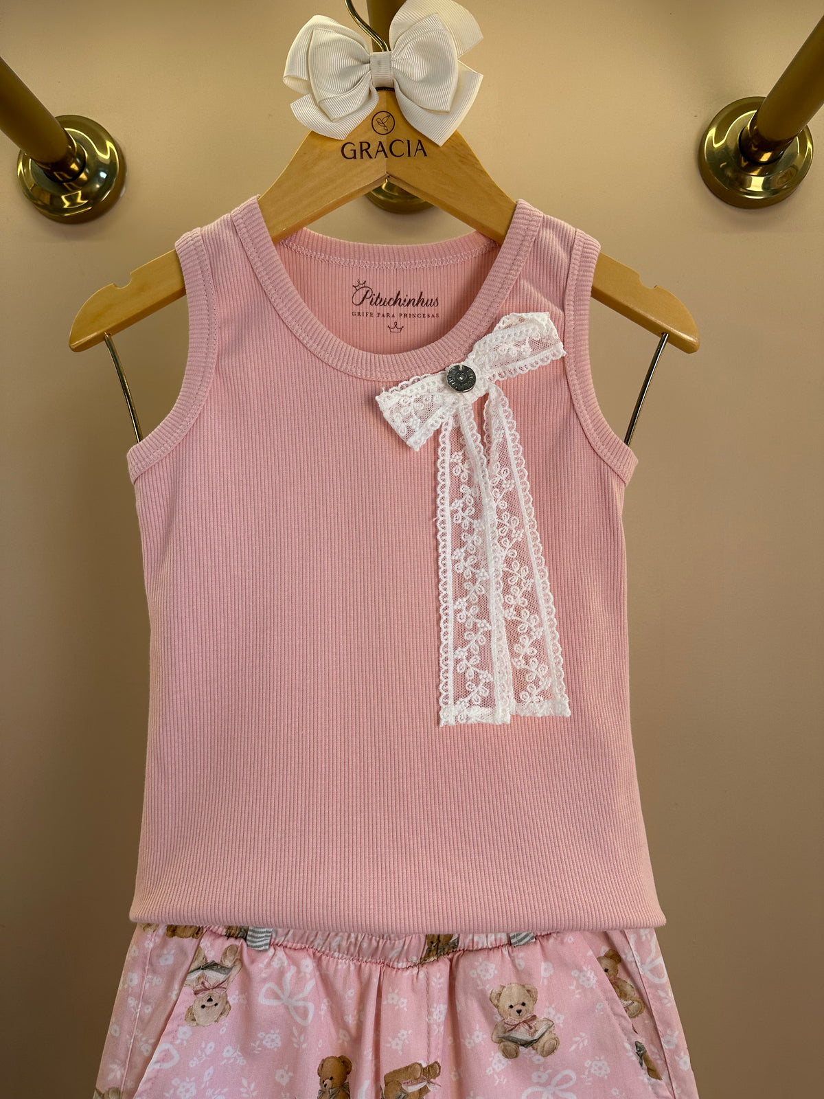 Conjunto Infantil Regata Com Laço de Renda e Calça Pantacourt Algodão Estampa Ursinhos - Pituchinhus