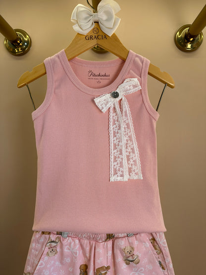 Conjunto Infantil Regata Com Laço de Renda e Calça Pantacourt Algodão Estampa Ursinhos - Pituchinhus