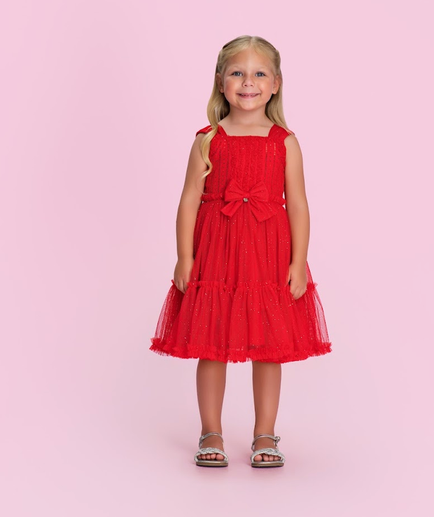 Vestido Infantil Vermelho com Strass e Laço Central com Brilho - Petit Cherie
