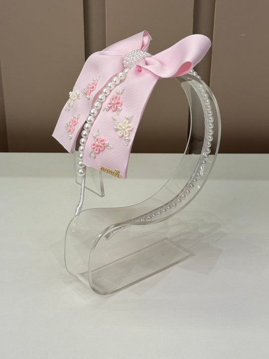 Tiara Infantil Pérolas Laço Rosa Bordado - Roana