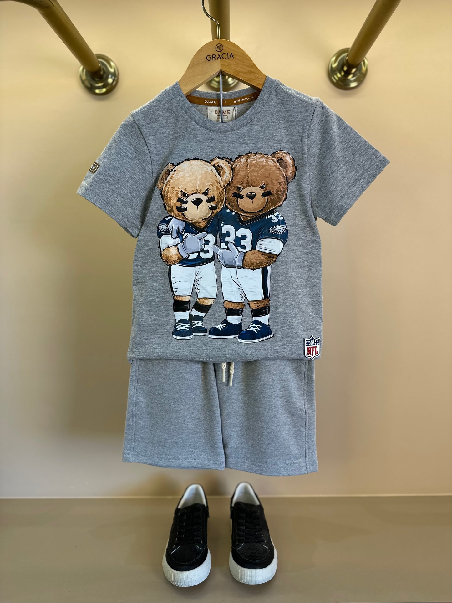 Conjunto Infantil Camiseta Algodão Teddy Philadelphia NFL e Bermuda Moletom Básica Cinza - Dame
