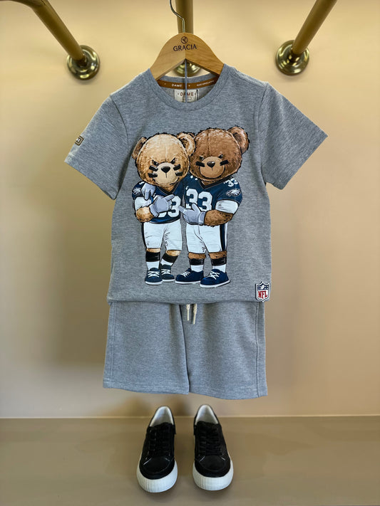 Conjunto Infantil Camiseta Algodão Teddy Philadelphia NFL e Bermuda Moletom Básica Cinza - Dame
