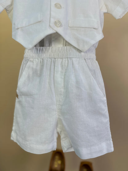Conjunto Bebê Batizado Camisa-body e Bermuda Linho Misto Off White - Um Mais Um