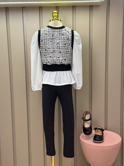 Conjunto Infantil Trio Blusa Comfy, Colete Tweed Molecotton e Legging Fly Tech Preta  - Infanti