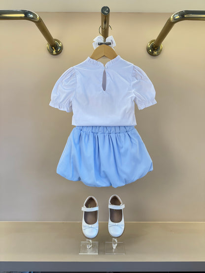 Conjunto Infantil Blusa MC com Coração Off White e Saia Bubble Azul Cristal - Gabriela Aquarela