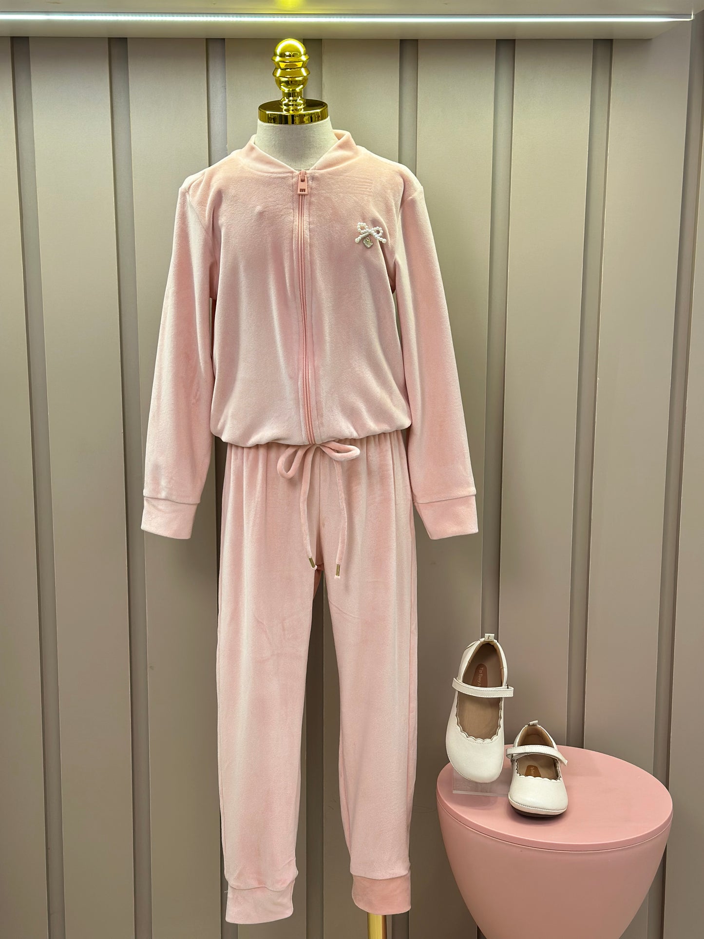 Conjunto Jaqueta e Calça Jogger Veludo Elastano Rosa Claro - Infanti