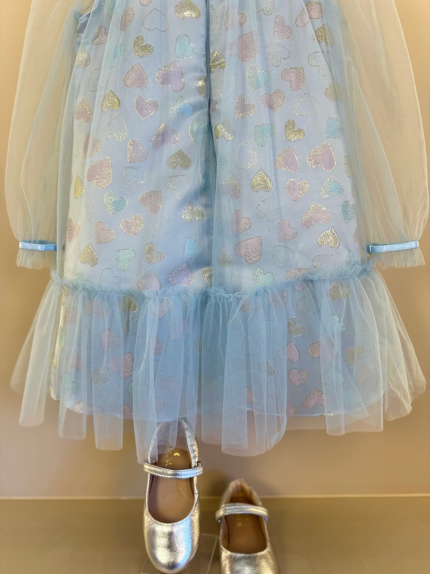 Vestido Infantil Trapézio ML Tule Jacquard Corações Azul - Petit Cherie
