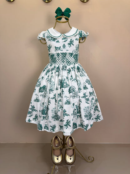 Vestido Infantil Linho Bordado Florais Verde - Petit Cherie