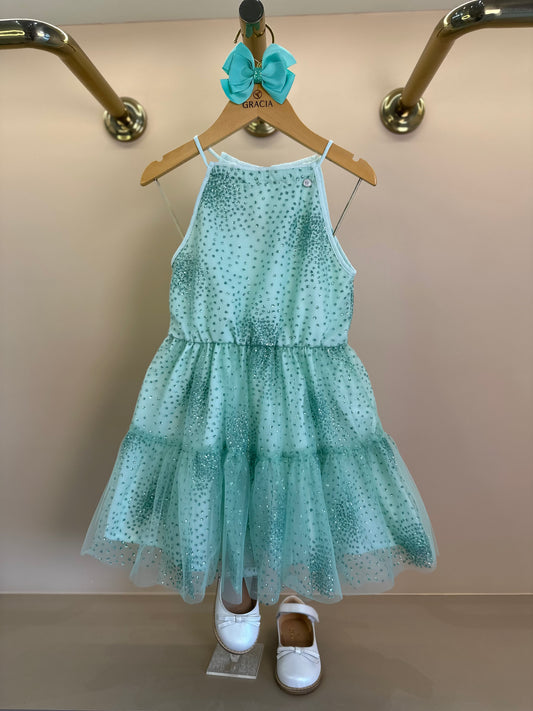 Vestido Infantil Rodado Tule Florzinhas e Glitter - Um Mais Um