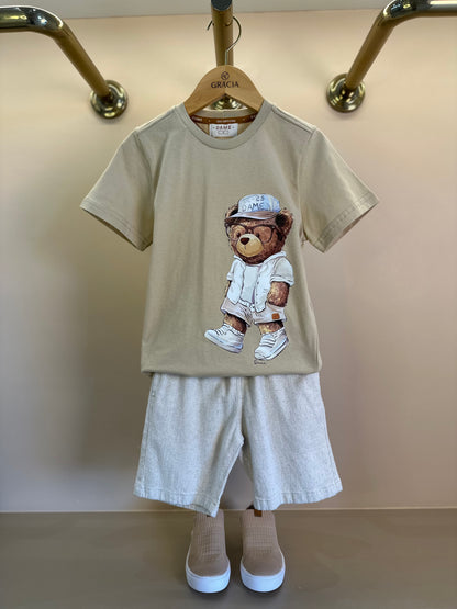 Conjunto Infantil Camiseta Algodão Teddy Summer Bege e Bermuda Linho Elastano Bege - Dame