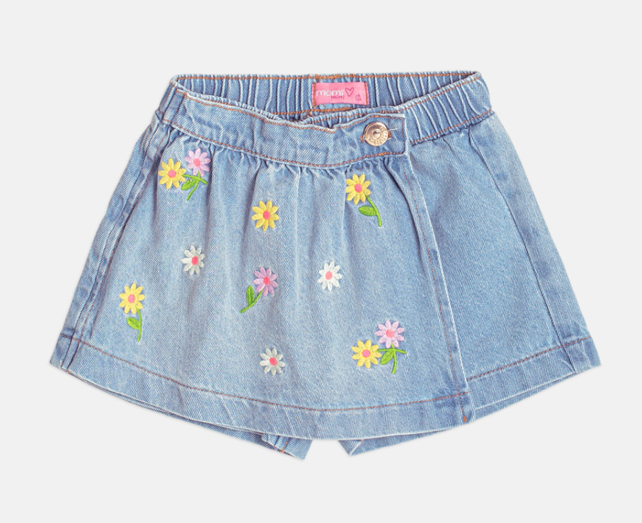 Short Saia Infantil Jeans Bordado - Momi