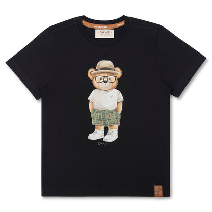 Conjunto Infantil Camiseta Teddy Chapéu Panamá Preta e Bermuda Moletom Listra Bege - Dame