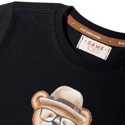 Conjunto Infantil Camiseta Teddy Chapéu Panamá Preta e Bermuda Moletom Listra Bege - Dame