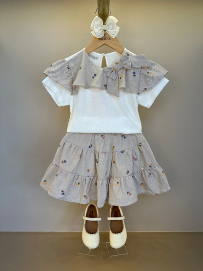 Conjunto Infantil blusa Gola Babado e Saia Tricoline Listrada Com Bordado - Um Mais Um