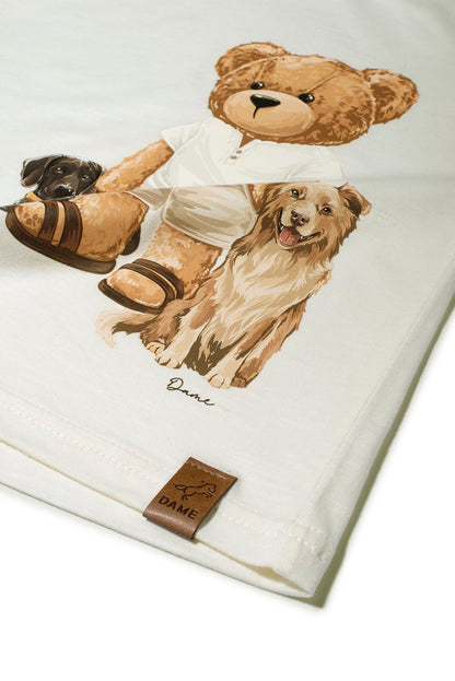 Conjunto Infantil Camiseta Teddy Cachorros Off e Bermuda Moletom Bolso Embutido Chocolate - Dame