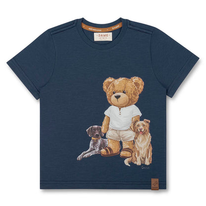 Conjunto Infantil Camiseta Teddy Cachorros Marinho e Bermuda Moletom Listra Bege - Dame