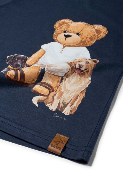 Conjunto Infantil Camiseta Teddy Cachorros Marinho e Bermuda Moletom Listra Bege - Dame