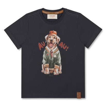 Conjunto Infantil Camiseta Cachorro Golden Grafite e Bermuda Linho Elastano Bege - Dame