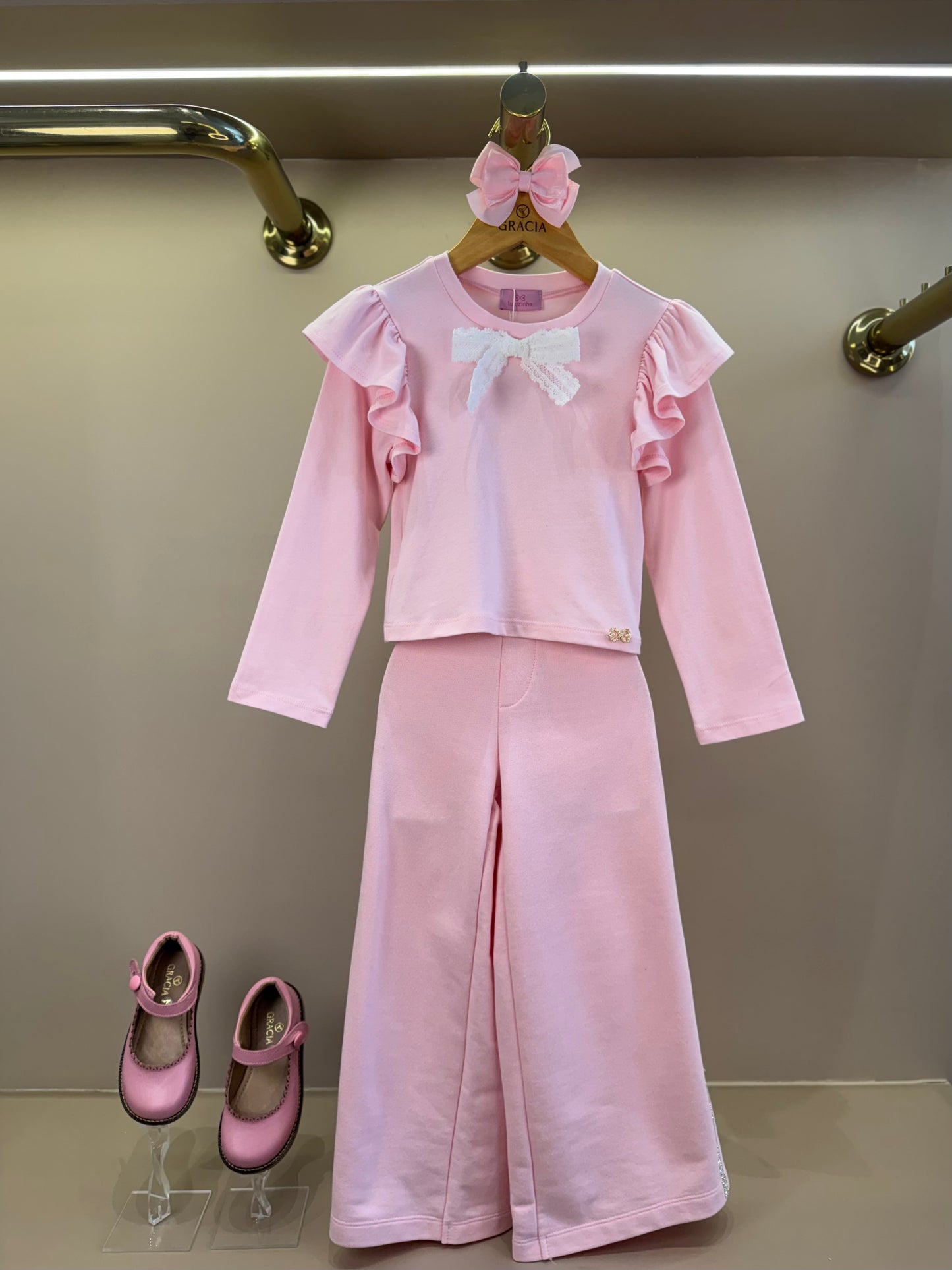 Calça Infantil Wide Leg Lateral Glitter Rosa - Luluzinha