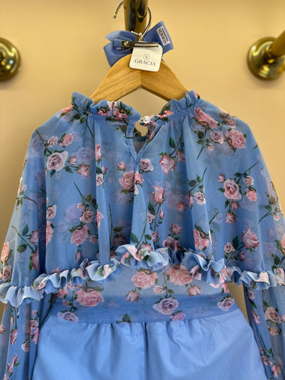 Conjunto Infantil Blusa Capa Floral Azul e Shorts Alfaiataria Azul - Luluzinha