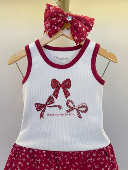 Conjunto Infantil Blusa Regata Laços Cristal e Shorts Mini Flores - Pituchinhus